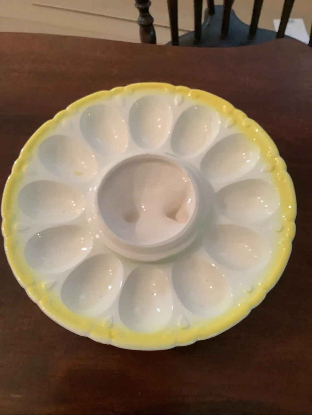 Vintage deviled egg stand with hen toothpick holder